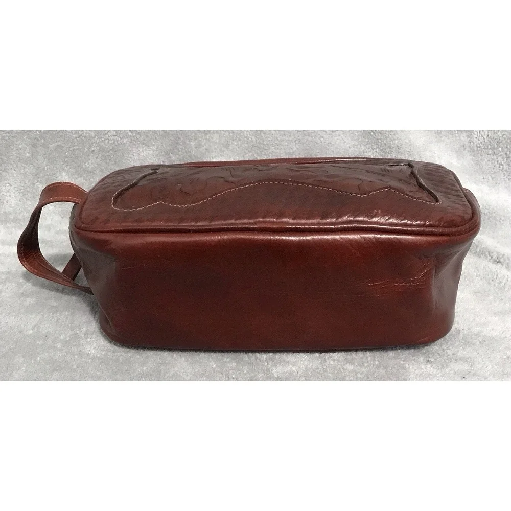 American West Embossed Tooled Leather Toiletry Cosmetic Bag Western Leaf Style